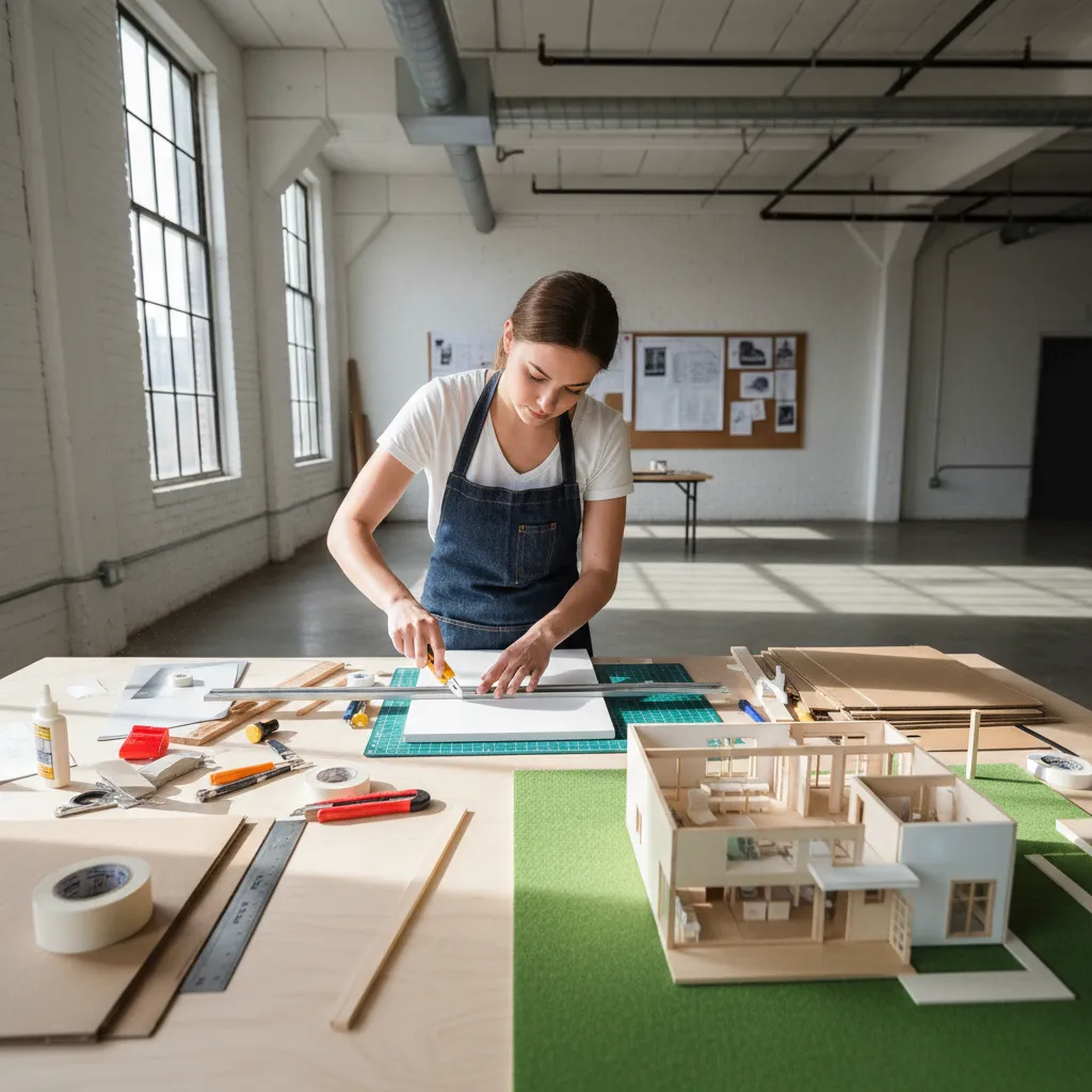 Estudiante creando una maqueta arquitectónica en una mesa de trabajo