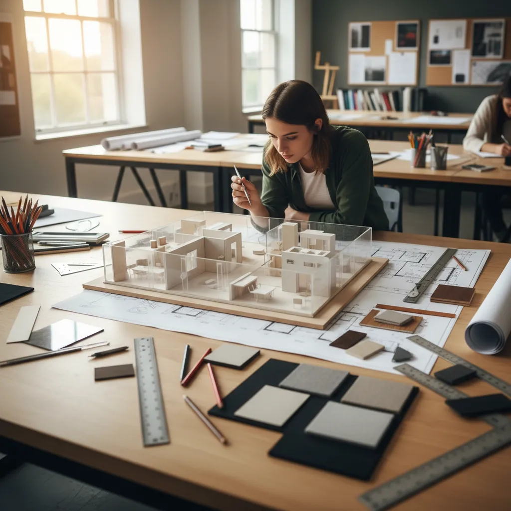 Interior design student working on a 3D house model with floor plans and material samples