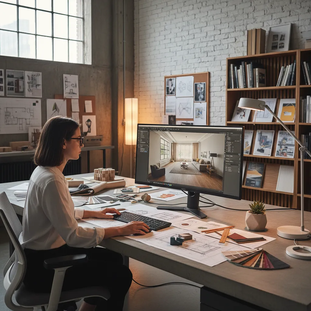 Female designer working at desk with computer monitor showing interior design drawing and floor plans