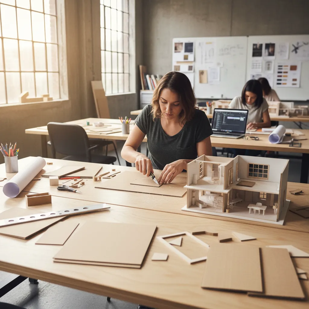 Estudiante trabajando en maqueta de interiorismo
