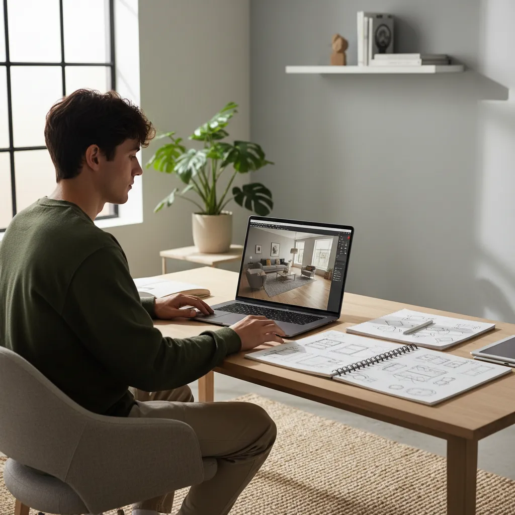 Estudiante practicando diseño de interiores en computadora