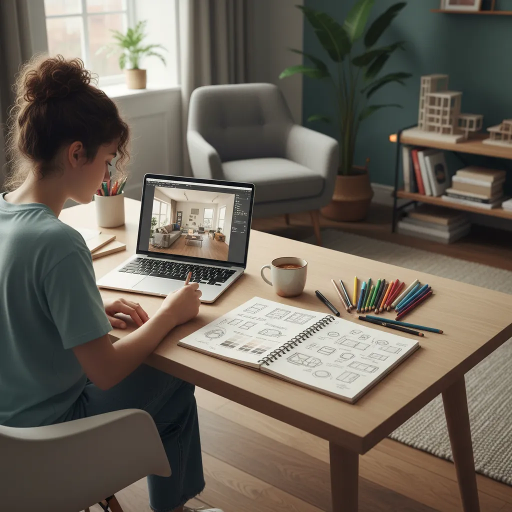 Estudiante practicando diseño de interiores desde casa con portátil