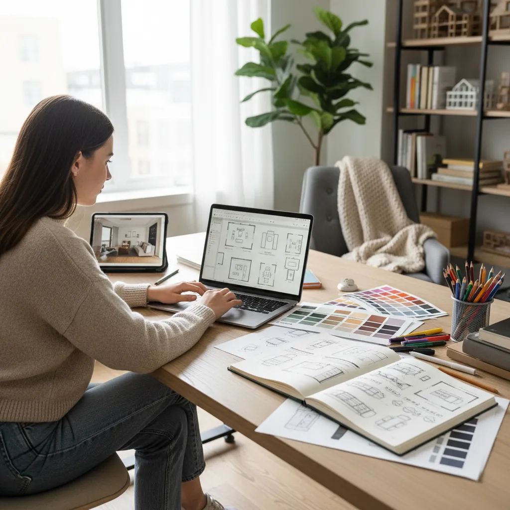 Estudiante aprendiendo diseño de interiores en una laptop con plano digital