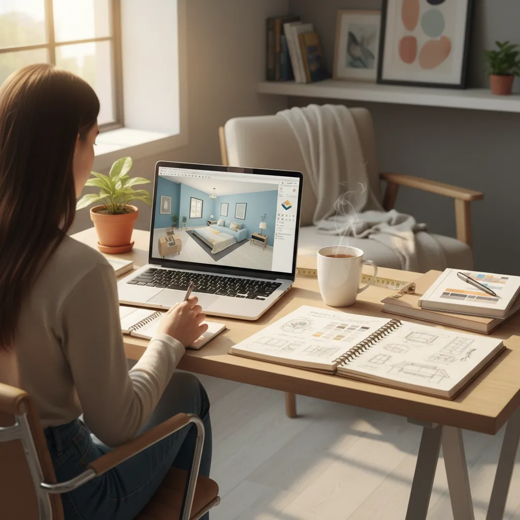 Estudiante trabajando en diseño de interiores desde casa