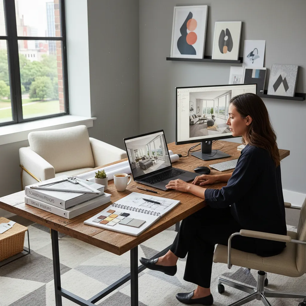 Persona estudiando diseño de interiores en ordenador desde casa