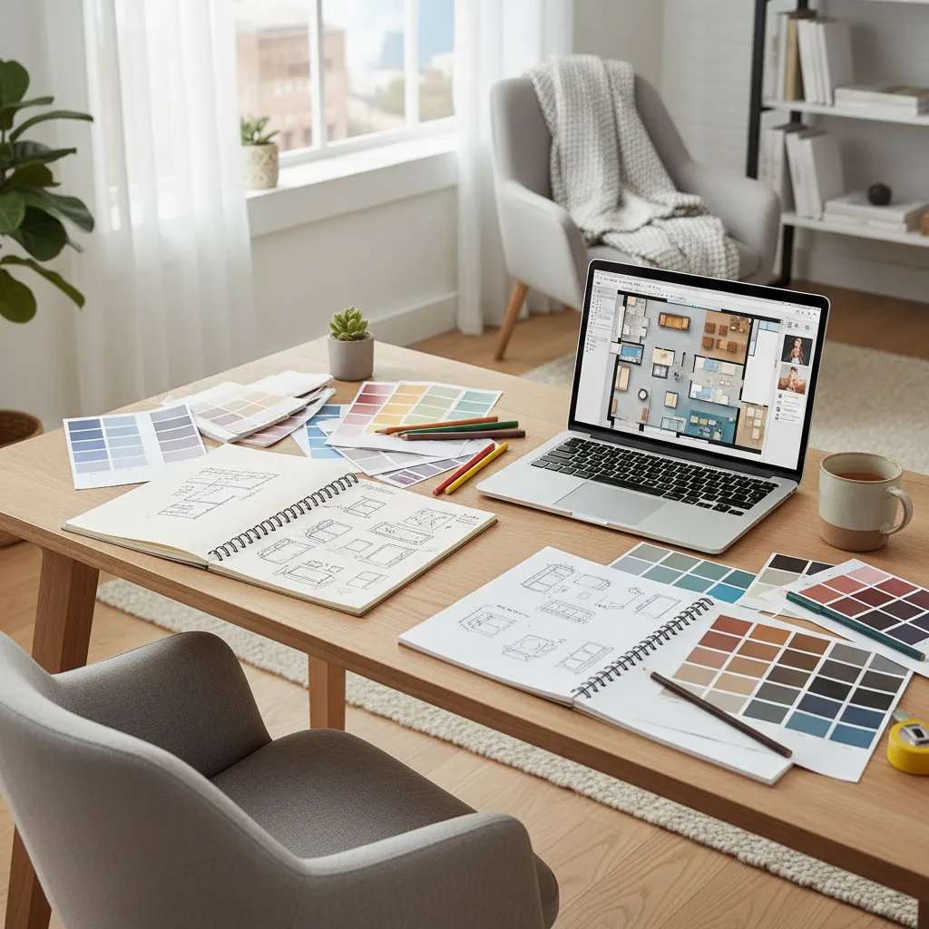 Laptop showing a room layout with color palettes and sketches on a wooden office table