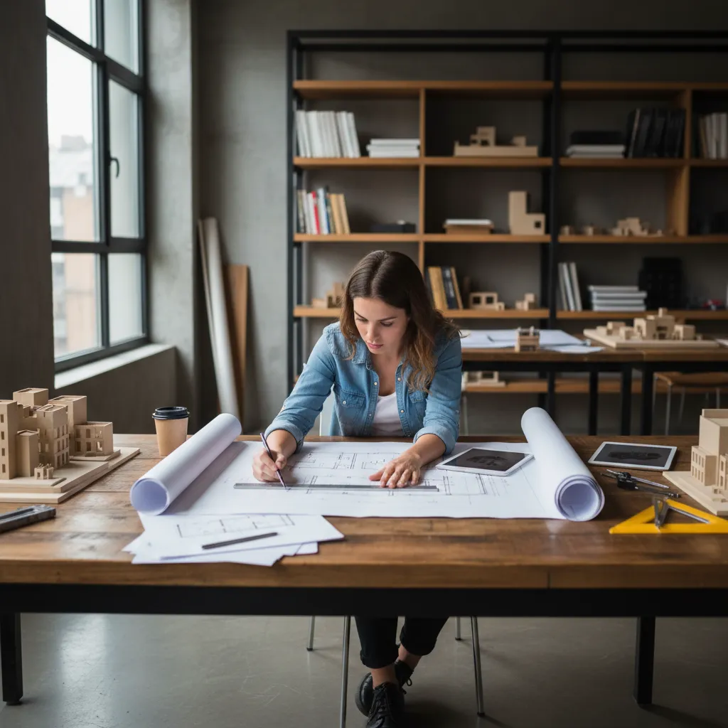 Estudiante analizando un plano de distribución en una mesa de trabajo