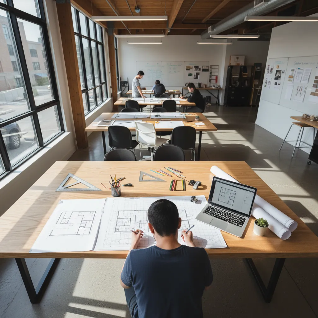Estudiante de diseño de interiores trabajando en un plano de distribución en su escritorio
