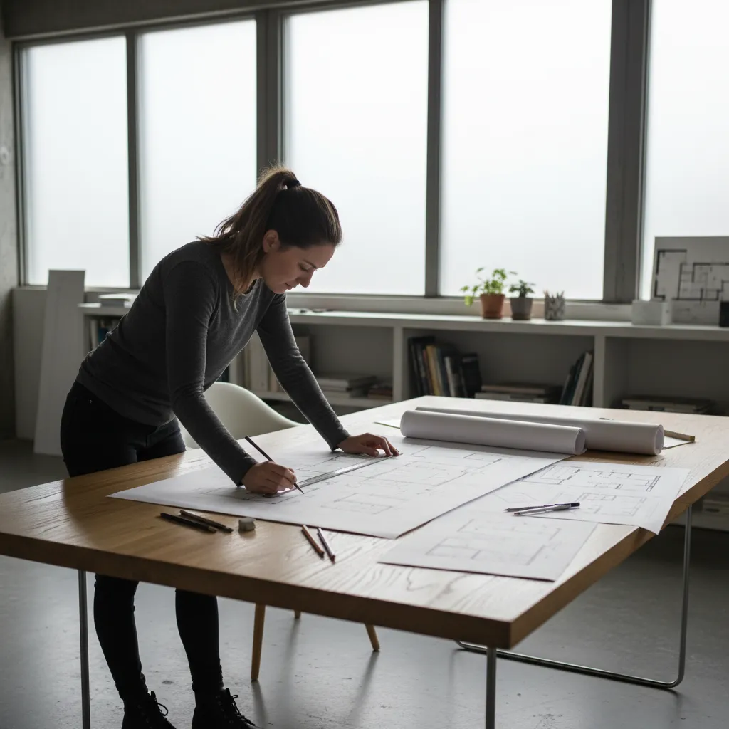 Estudiante analizando planos de distribución de interiores