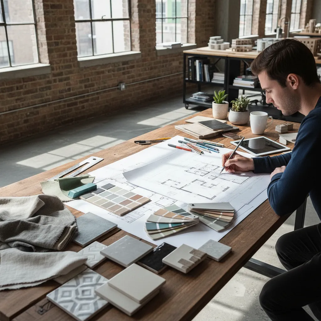 Estudiante de interiorismo trabajando sobre planos y muestras de materiales