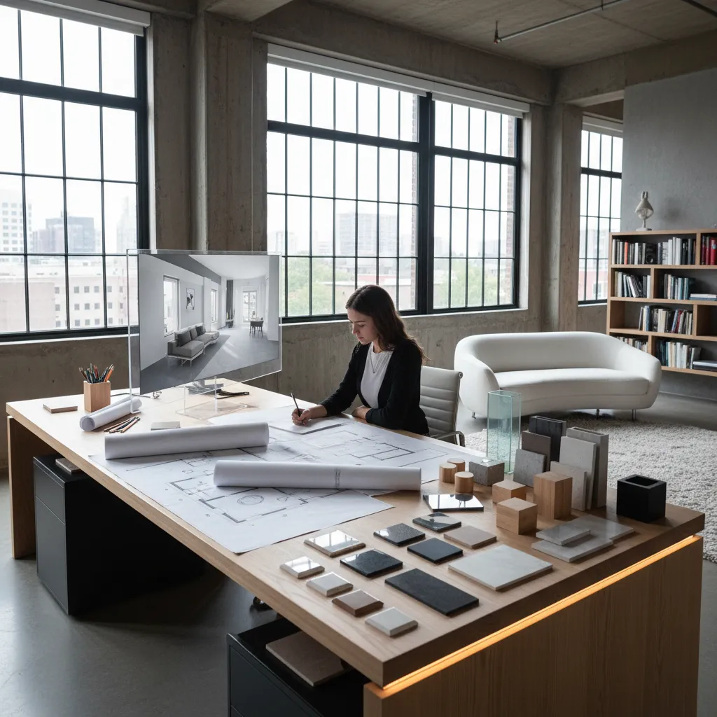 Estudiante revisando planos de interiorismo en mesa de trabajo