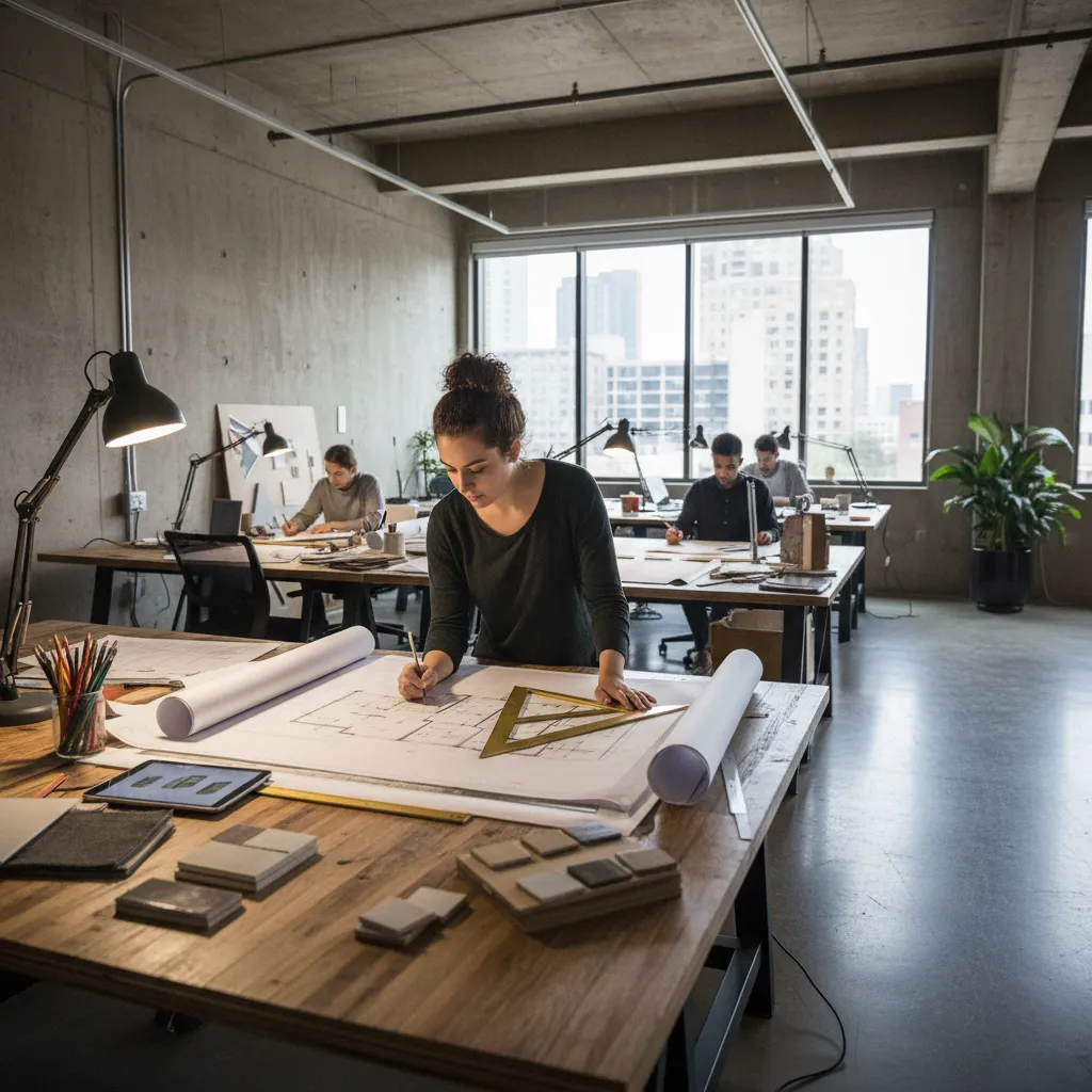 Estudiante de diseño de interiores revisando planos en mesa de trabajo