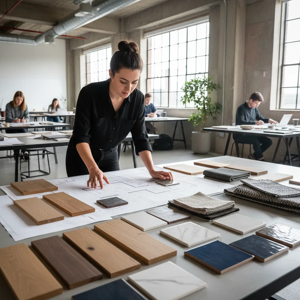 Estudiante de diseño de interiores analizando planos y muestras de materiales