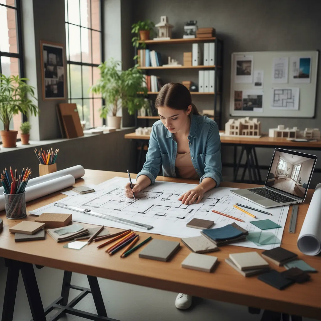 Female designer drawing a room layout on large paper surrounded by floor samples and laptop
