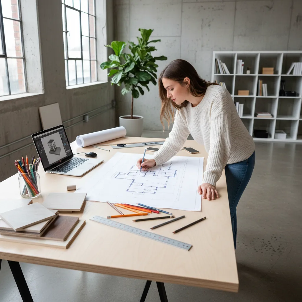 Leaning over a wooden table while drawing an apartment floor plan on white paper sheets