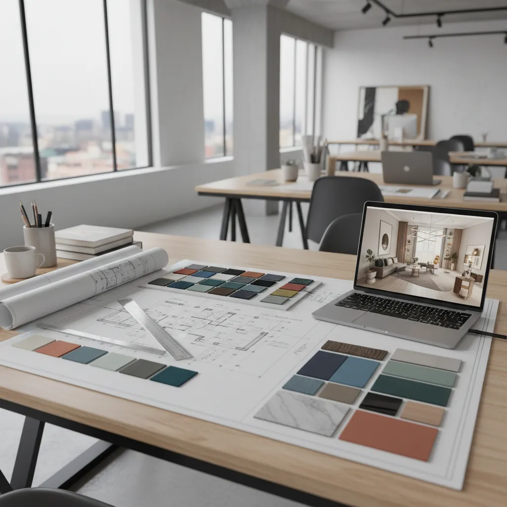 Estudiante de diseño de interiores trabajando con planos y muestras de materiales