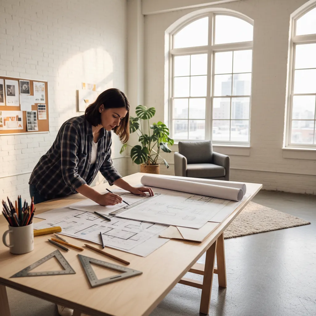 Estudiante analizando planos de interiorismo sobre una mesa de trabajo