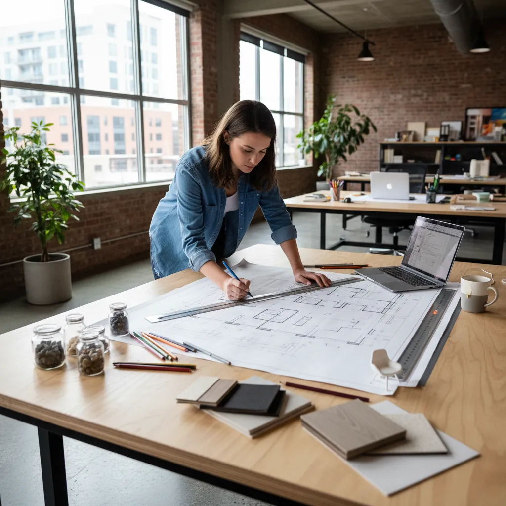 A woman drawing an interior design layout on large paper at a desk with laptop