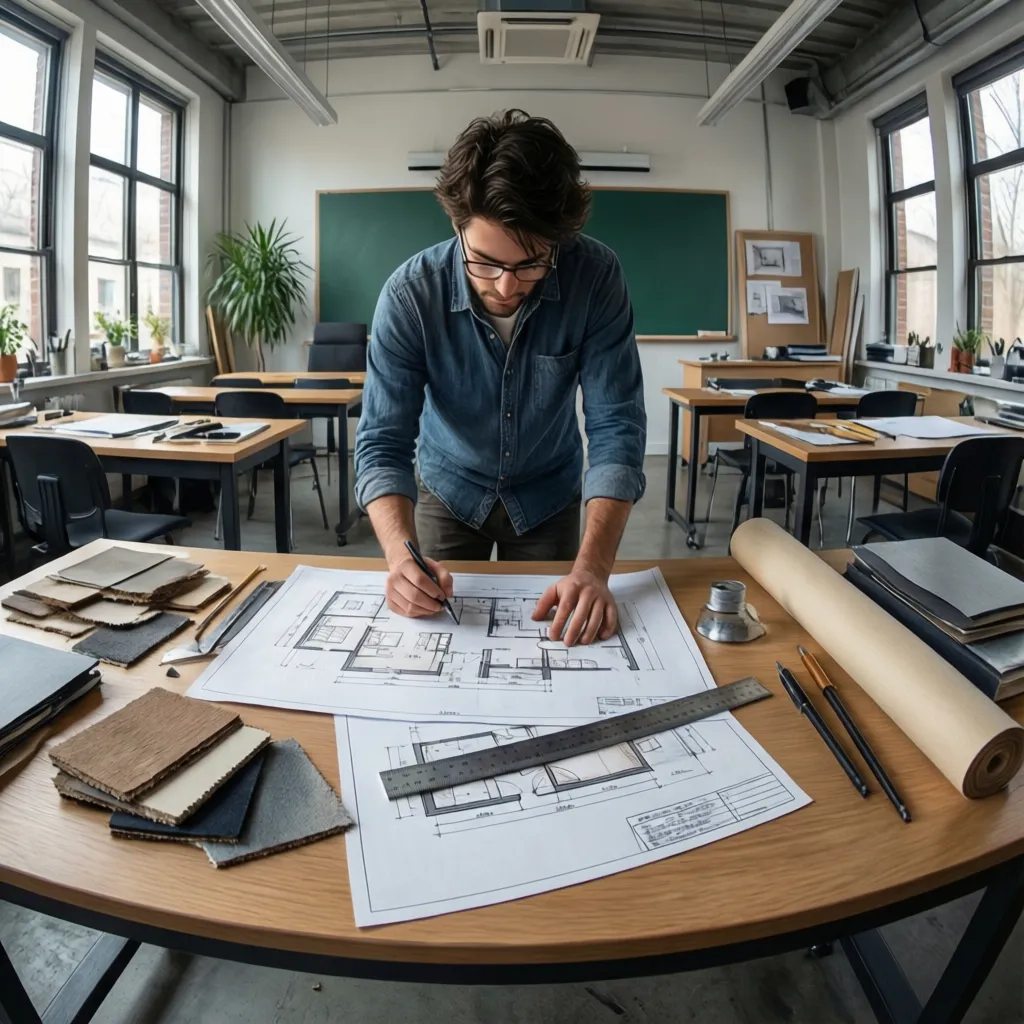 Estudiante de diseño de interiores trabajando con planos y muestras de materiales