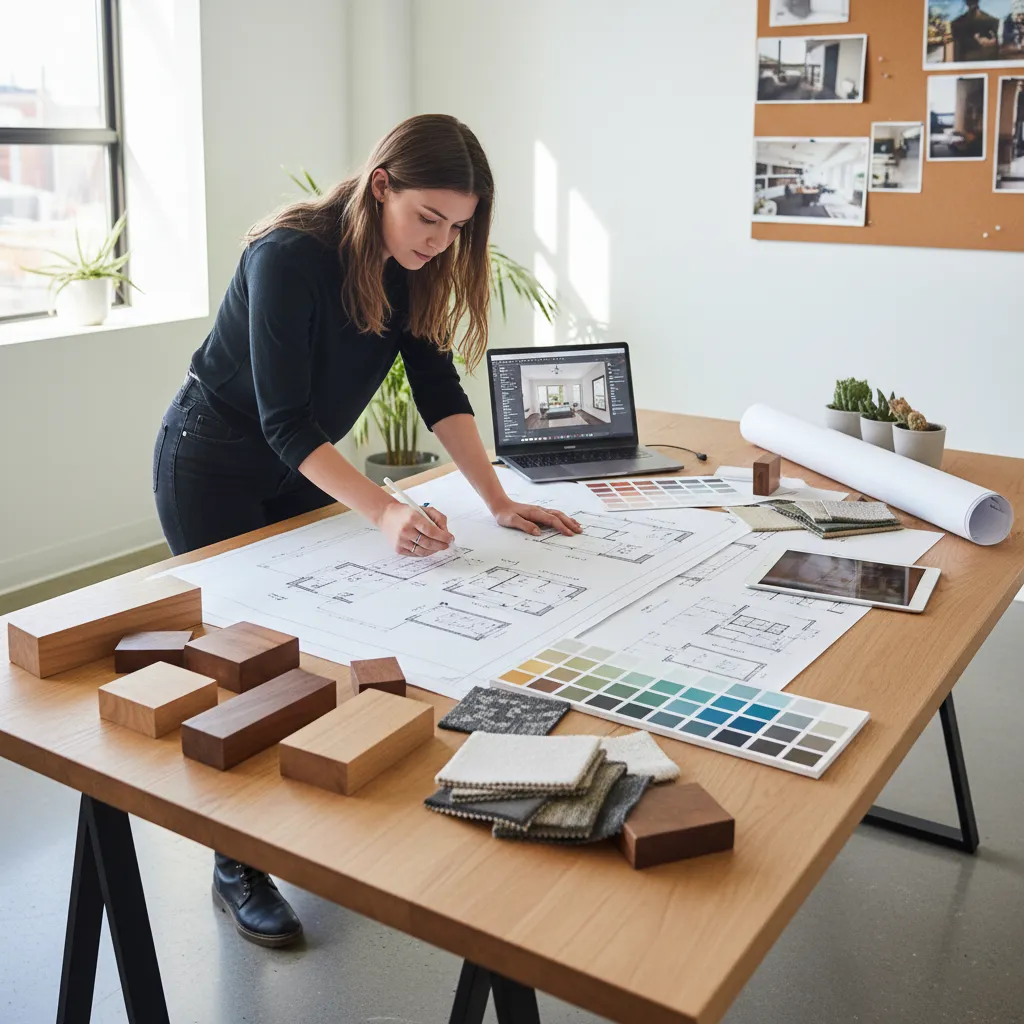 Estudiante revisando planos de distribución en un escritorio con muestras de materiales