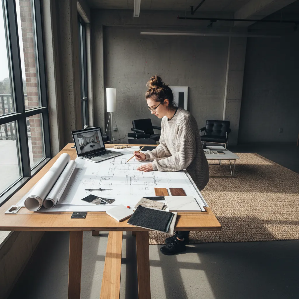 Estudiante revisando planos de diseño de interiores en mesa de trabajo