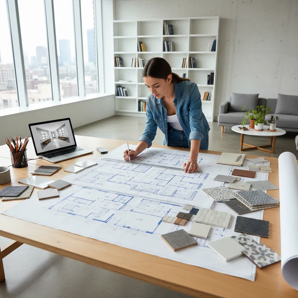 Estudiante revisando planos de interiorismo en una mesa de trabajo