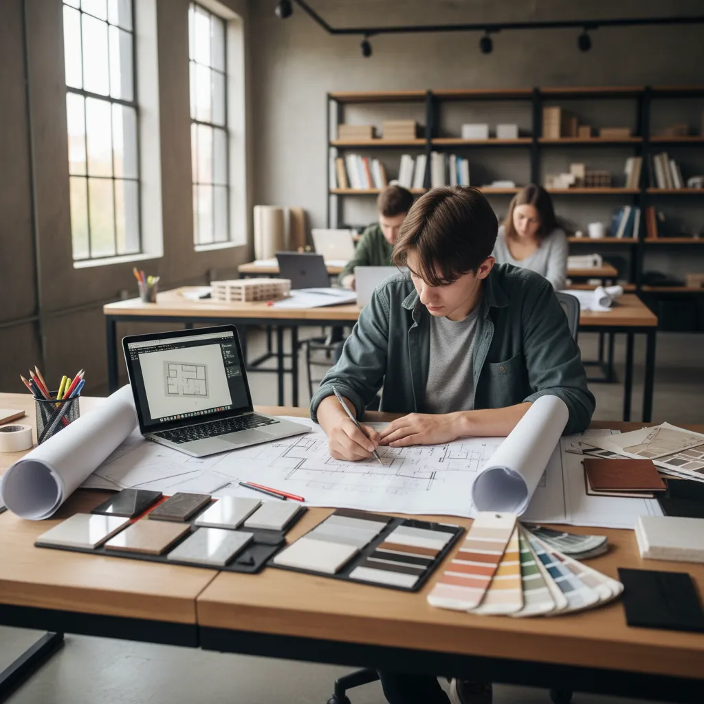 Estudiante de diseño de interiores revisando planos y muestras de materiales en una mesa de trabajo