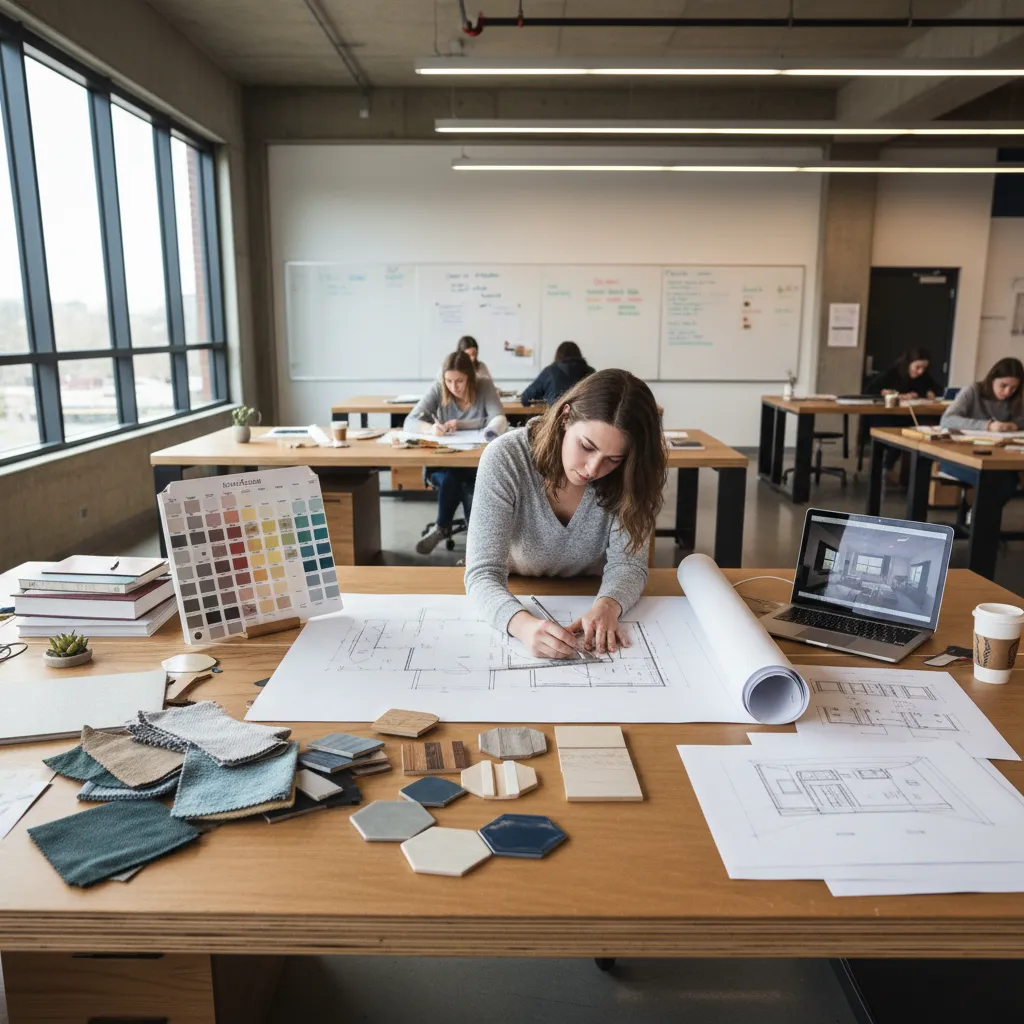 Estudiante de diseño de interiores revisando planos y paletas de color