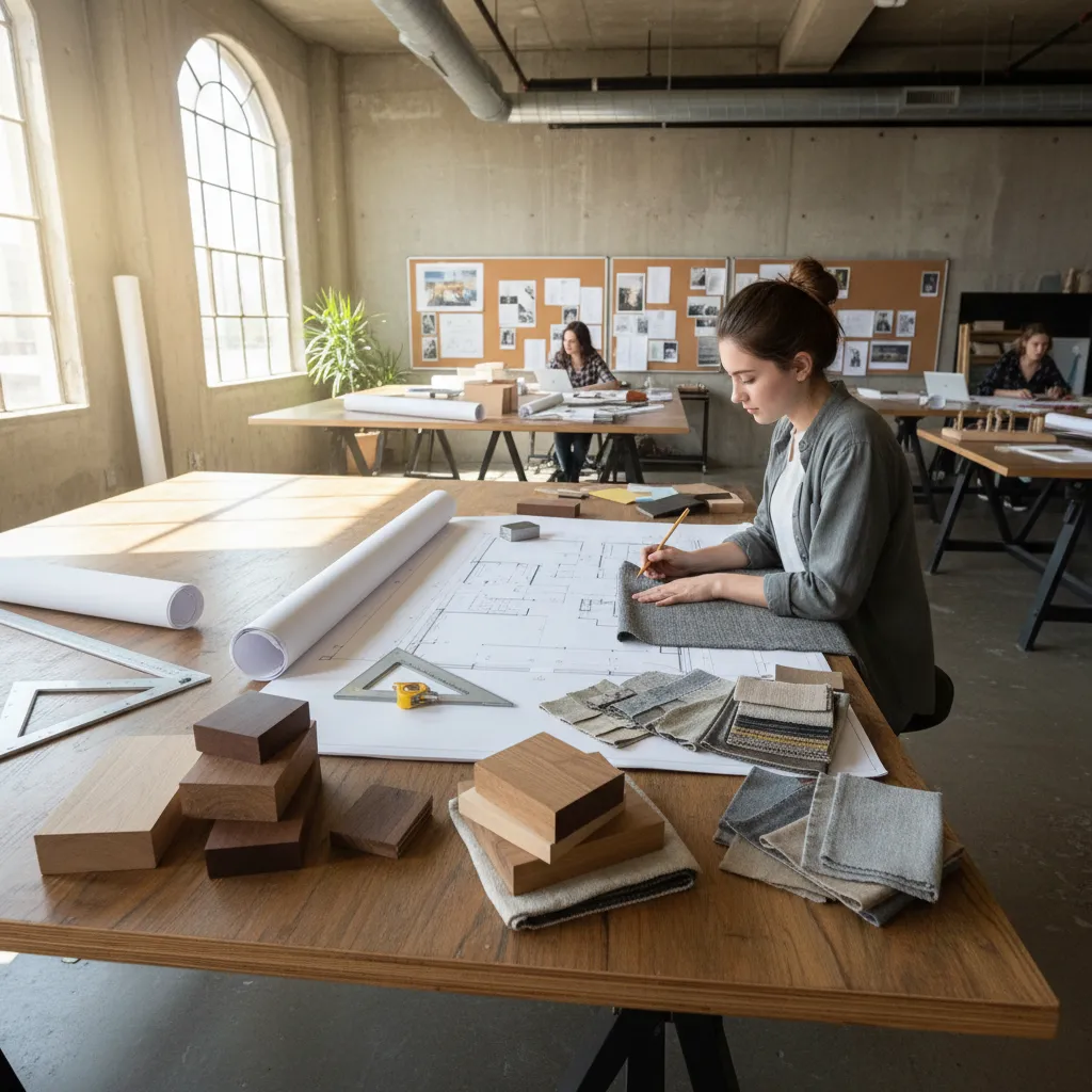 Estudiante de diseño de interiores trabajando con planos y muestras de materiales