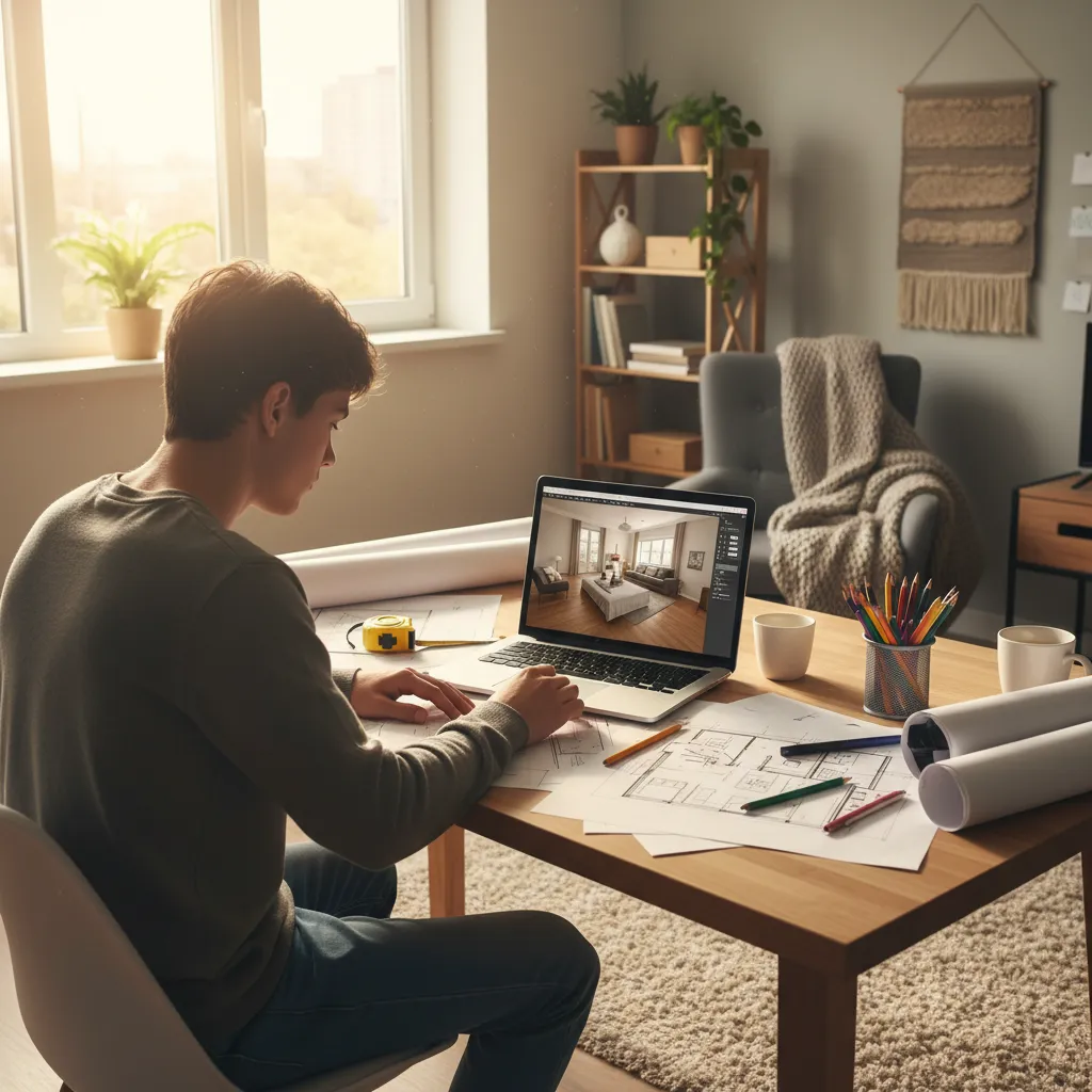 Estudiante practicando diseño de interiores en casa con planos y portátil