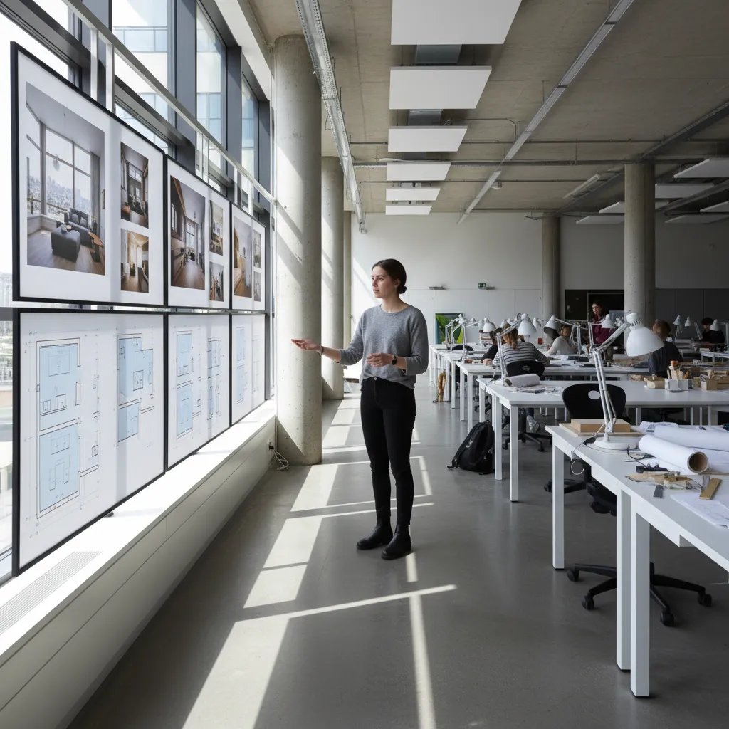 Estudiante presentando proyecto de diseño de interiores con paneles y renders