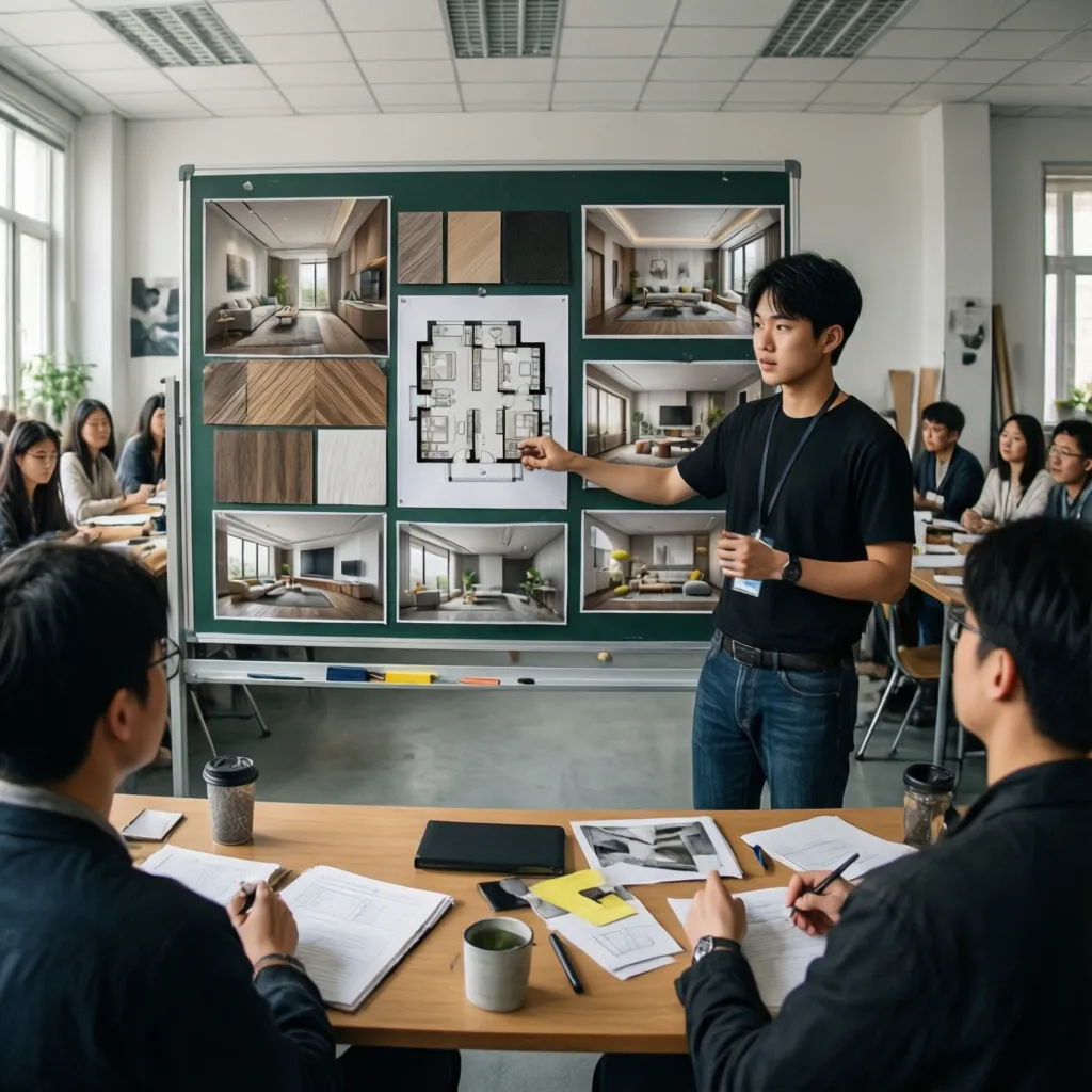 estudiante presentando proyecto de interiorismo con paneles y renders