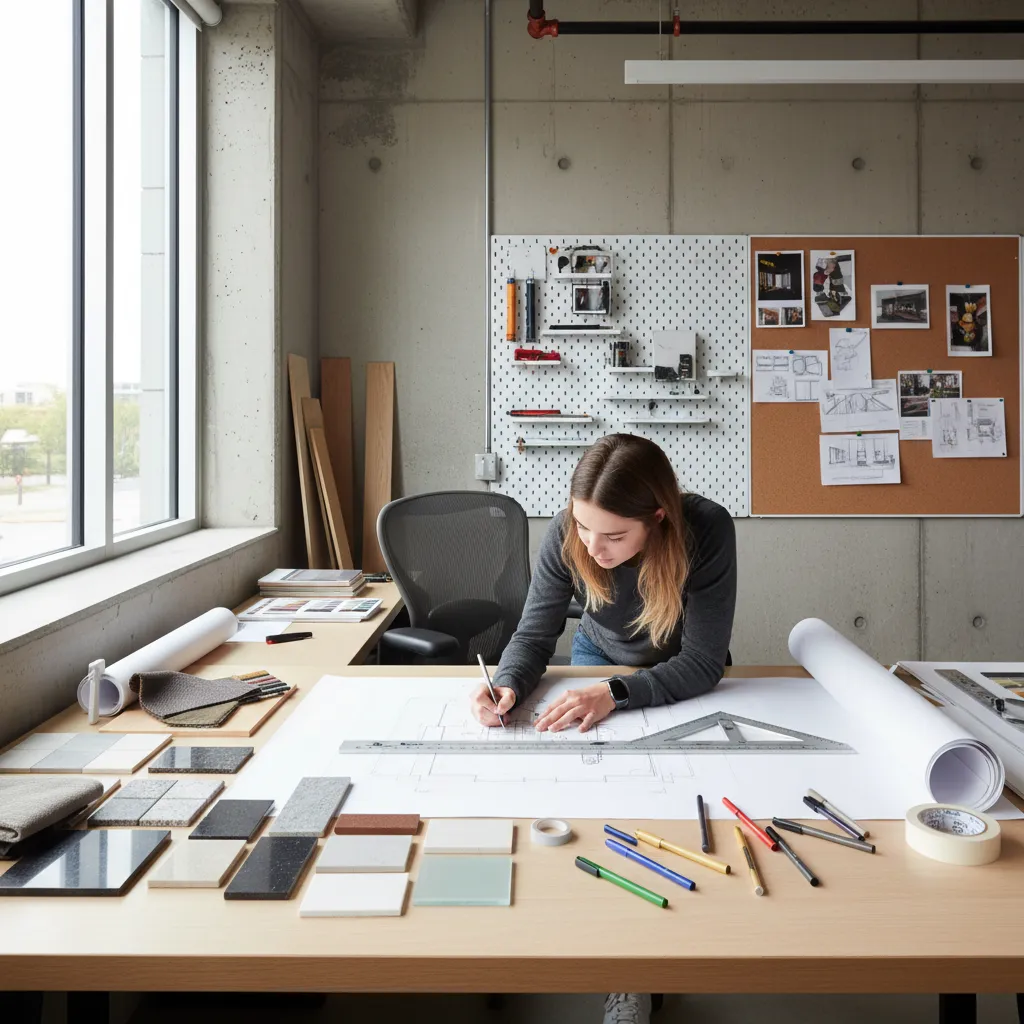 Female designer drawing floor plan on desk with material samples and various colored pens and paper