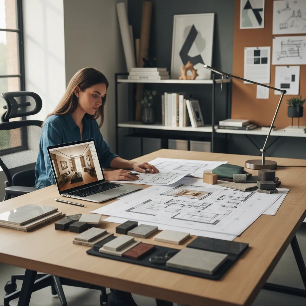 Woman at a desk with laptop showing room designs and paper interior design drawing layouts