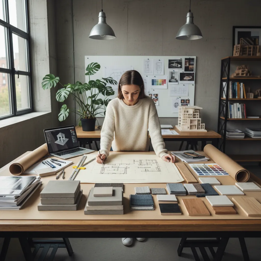 Alumno de diseño de interiores revisando planos y muestras de materiales