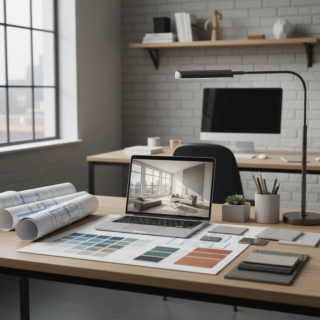 Estudiante de diseño de interiores desarrollando un proyecto con planos y muestras de materiales
