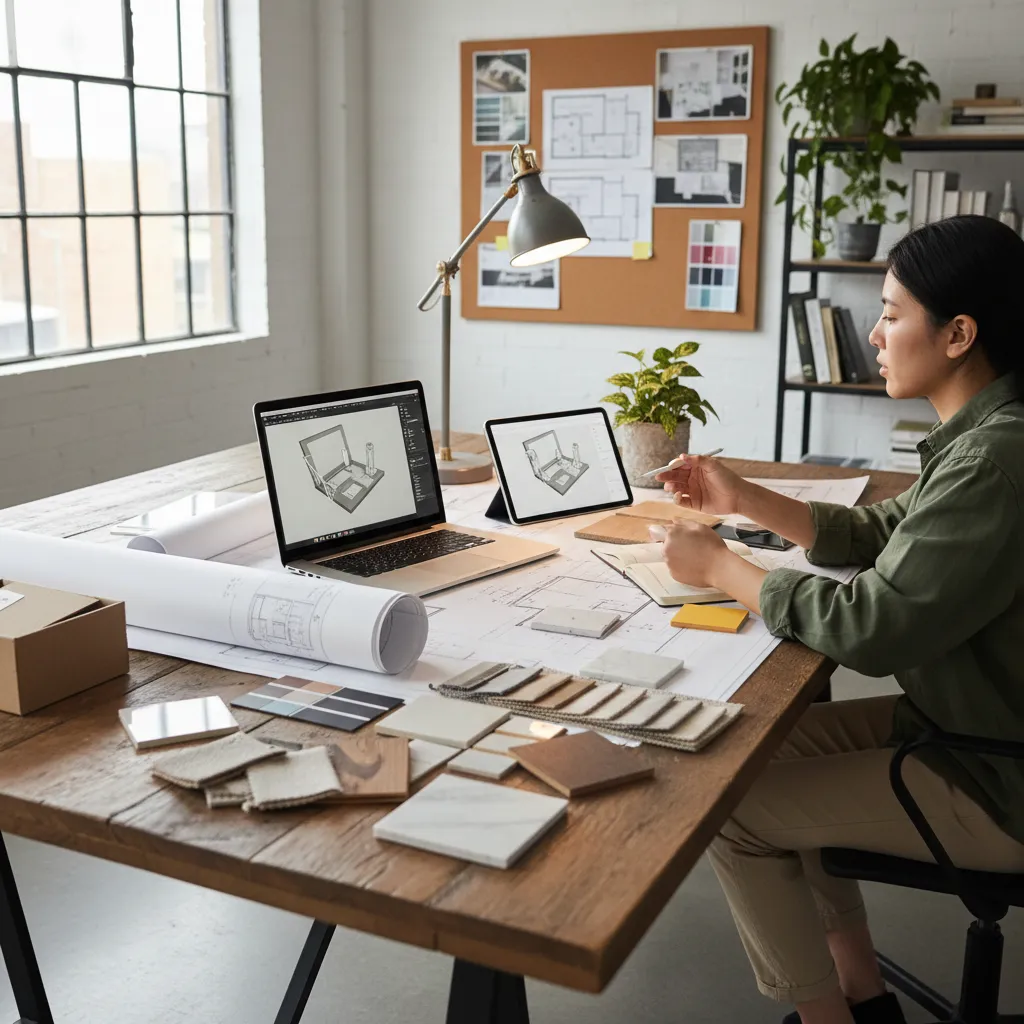 Estudiante trabajando en el diseño de un apartamento con planos y portátil