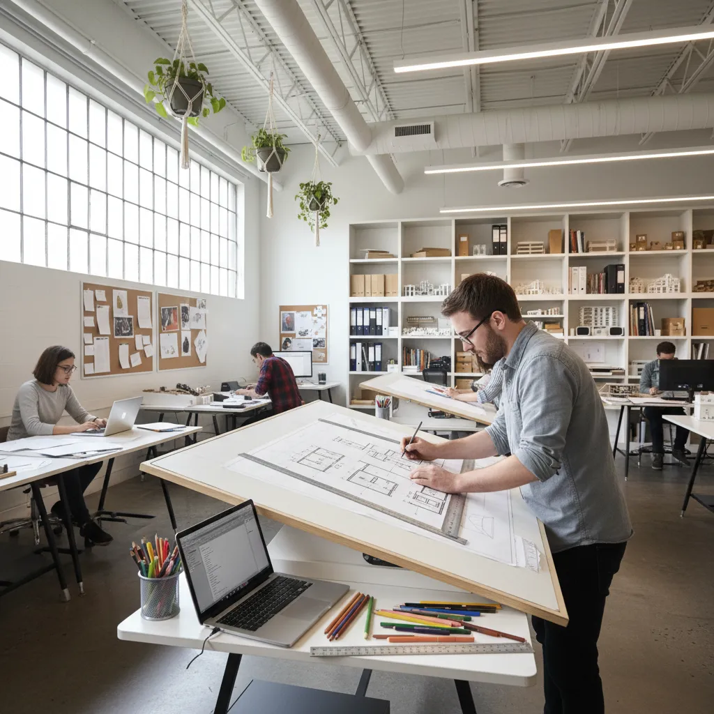 Estudiante de interiorismo dibujando un plano en una mesa de trabajo