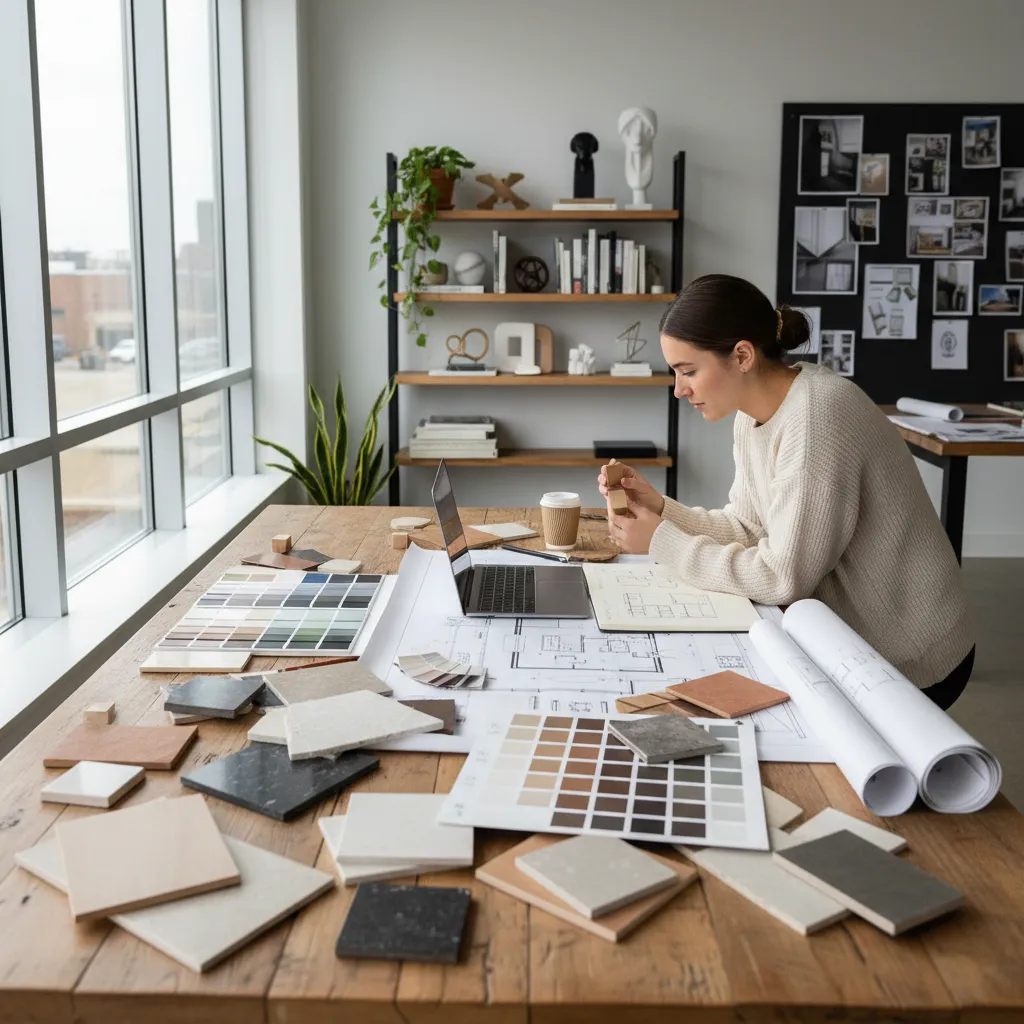 Estudiante de interiorismo trabajando con muestras de materiales y planos