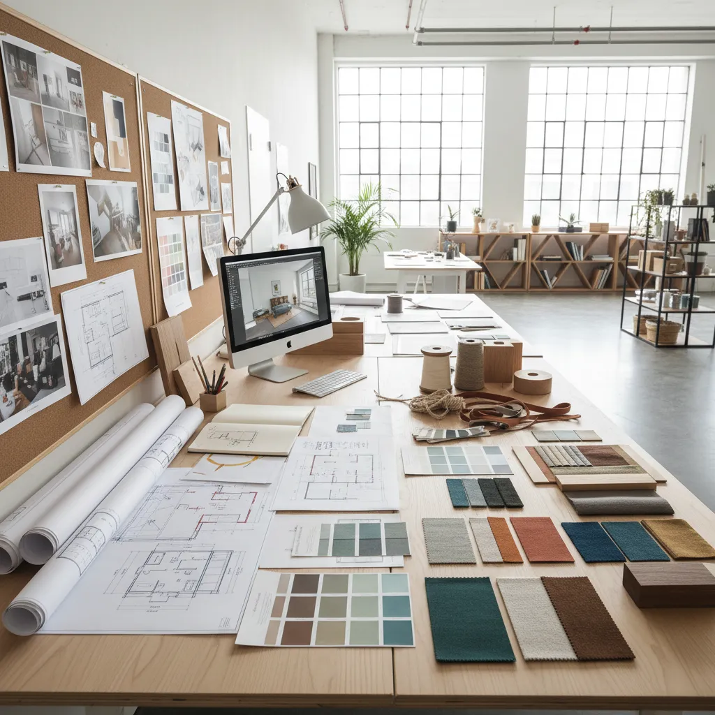 Estudiante de diseño de interiores trabajando con planos y muestras de materiales
