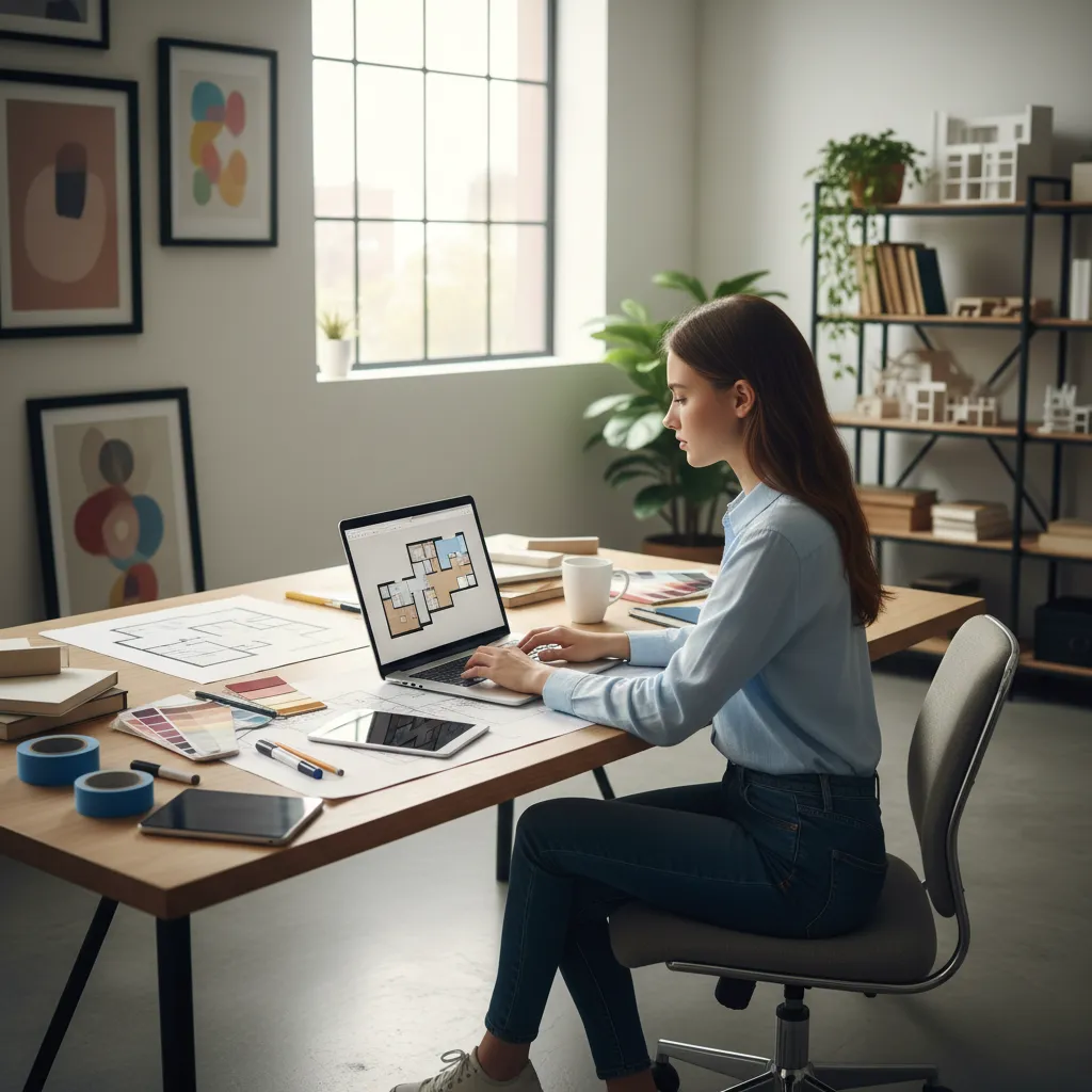 Estudiante diseñando un espacio interior en computadora