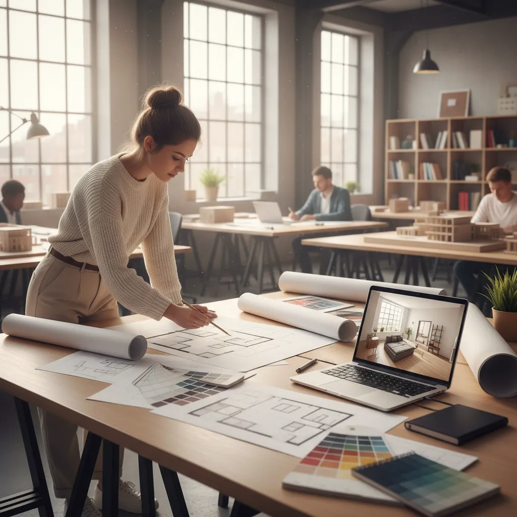 Interior designer drawing a room layout on paper next to a laptop showing a bedroom