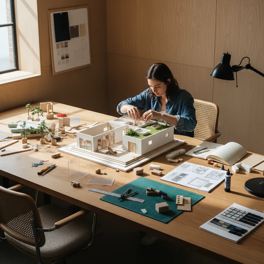 Estudiante de interiorismo trabajando en proyecto con maquetas y materiales