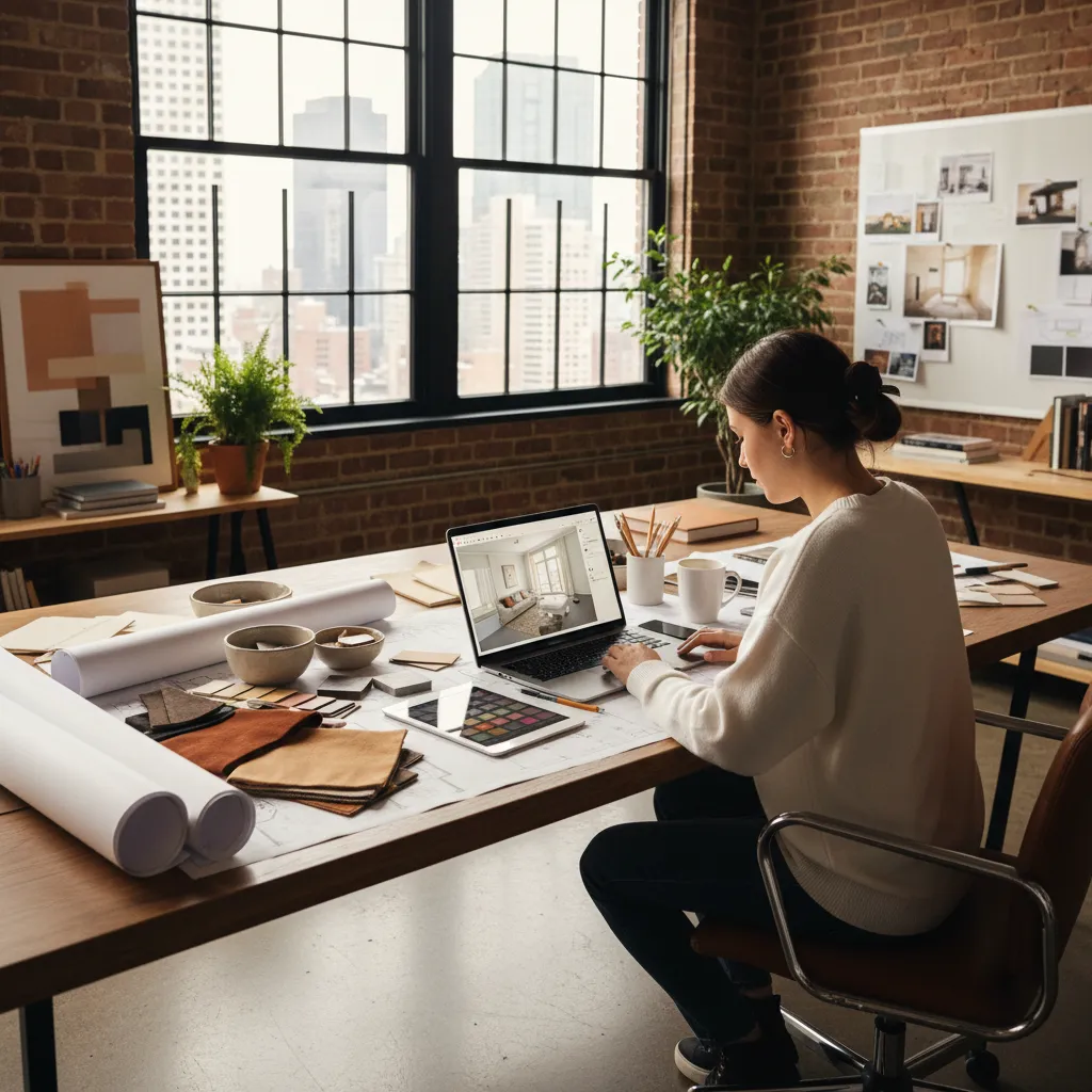 Estudiante de interiorismo trabajando con planos y diseño digital en ordenador