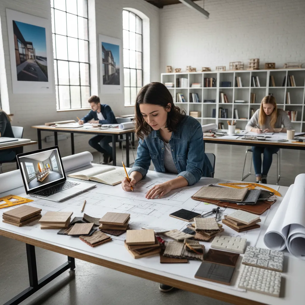 Estudiante de diseño de interiores dibujando planos y revisando muestras de materiales