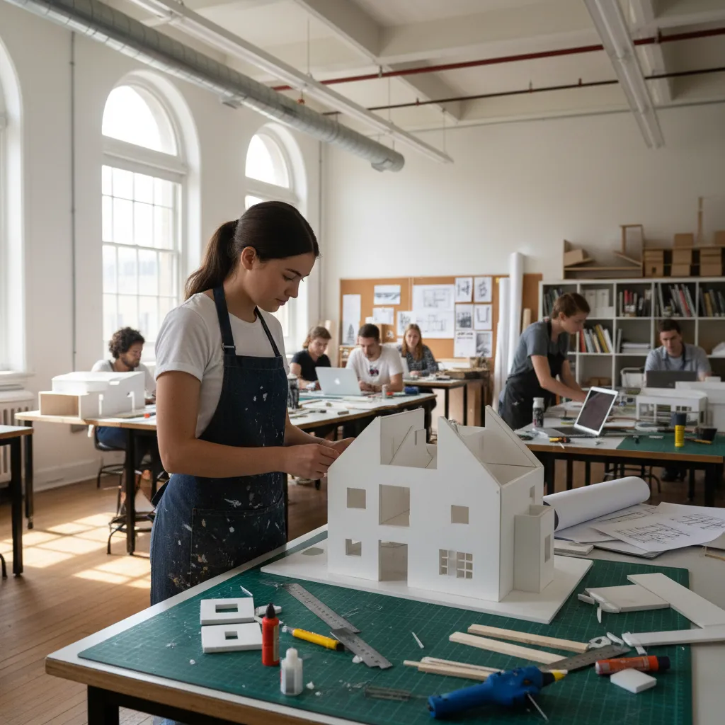 estudiante creando maqueta de diseño interior