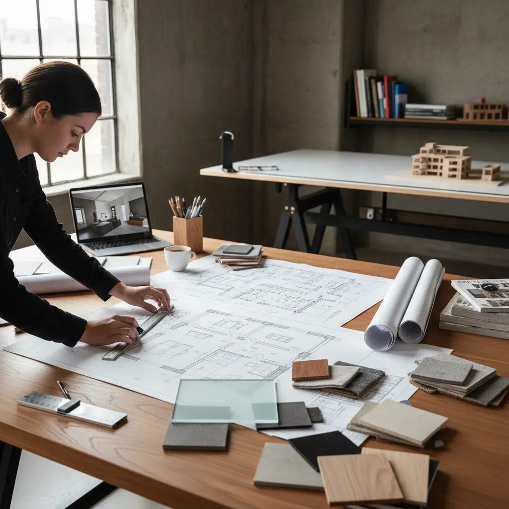 Estudiante revisando planos de diseño interior sobre una mesa de trabajo