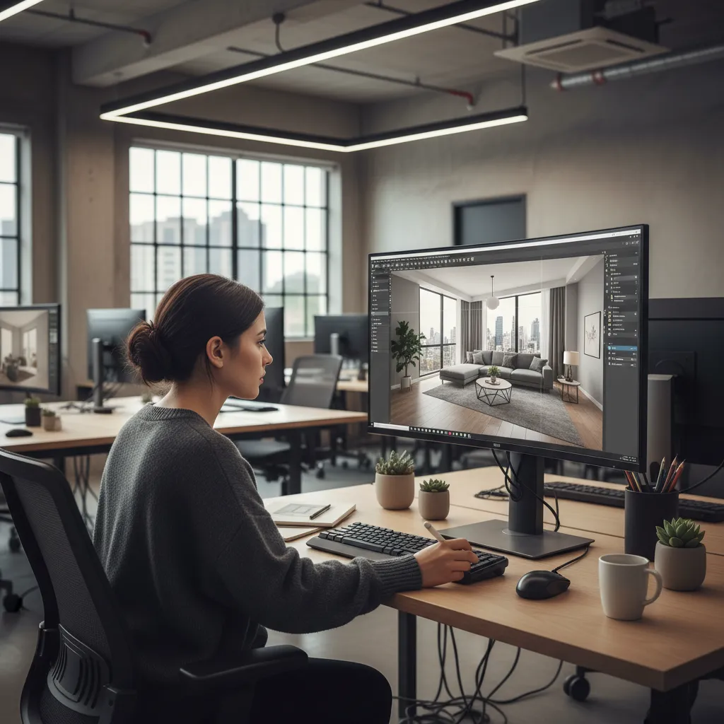 Estudiante creando un modelo 3D de interior en ordenador