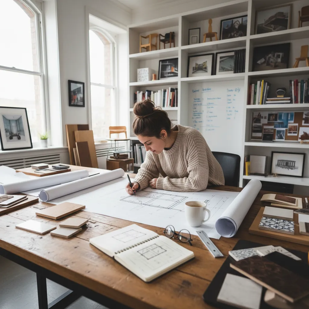 Estudiante de diseño de interiores analizando planos y bocetos en una mesa de trabajo