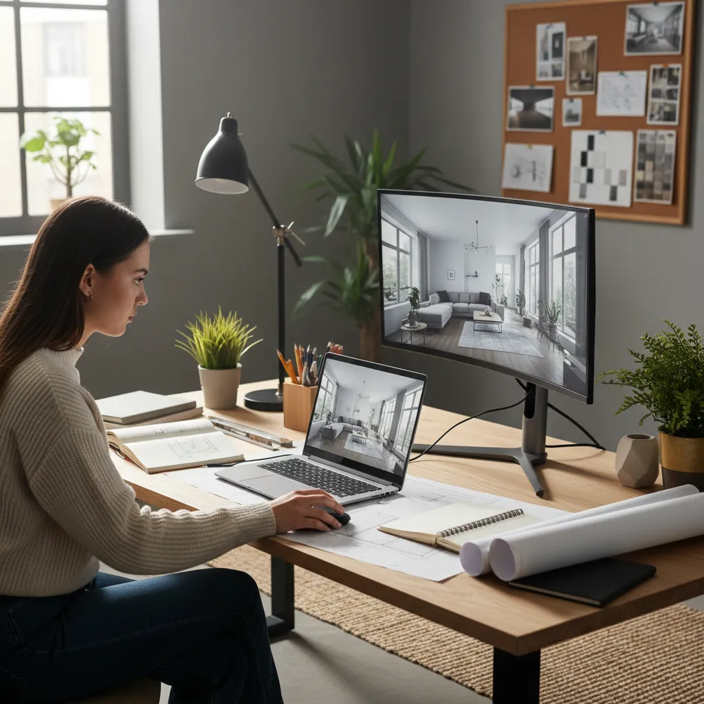 Estudiante trabajando en un render 3D de interiorismo en su ordenador